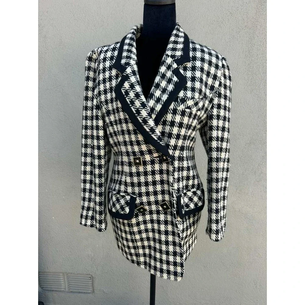 B High Collection Vintage Houndstooth Metallic Gold Button Blazer Black Cream 66
